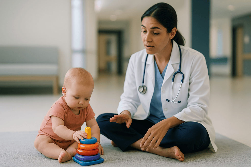 Pediatrician observing infant playing with stacking toy: Why so much floor play, and why is it not just playing?