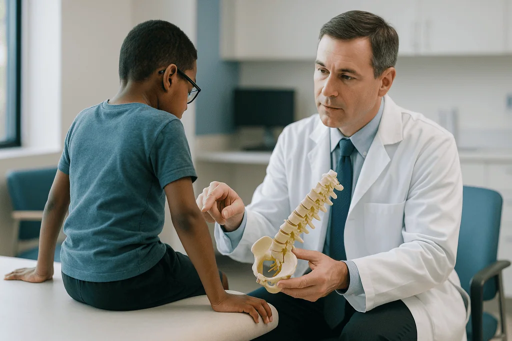 Doctor explaining spinal anatomy model to young patient: Why spasticity happens in cerebral palsy, and why the spine is the 