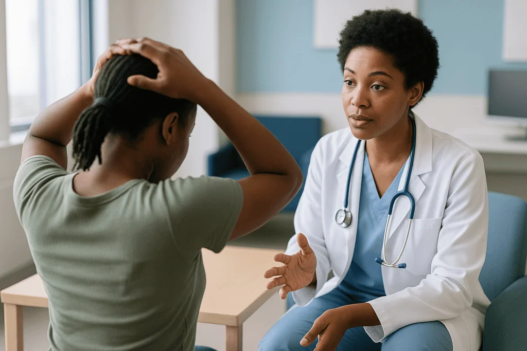 Doctor consulting patient about head or hair concern: Why stopping the pull comes before any afro hair transplant for tracti