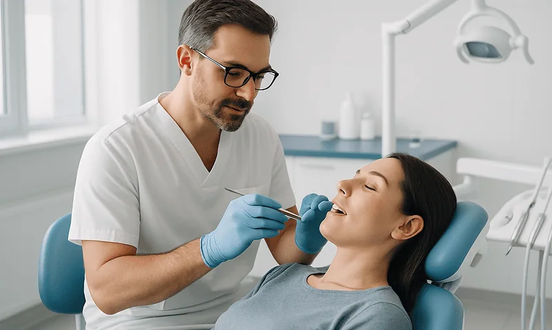 Dentist examining patient's mouth after wisdom teeth removal in clinic.