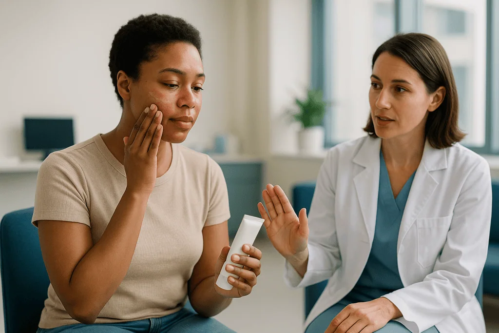 Healthcare consultation between patient and female doctor: Why sunscreen is the non-negotiable part of skincare after chemic