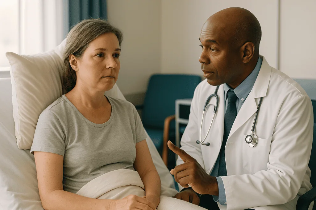 Doctor consulting with patient in examination room: Why surgeons ask you to sleep upright, and for how long