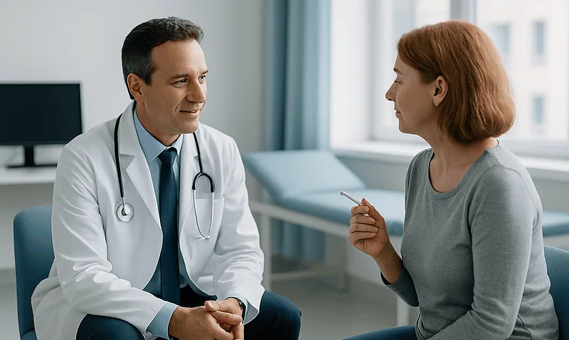Doctor consulting with a female patient in a medical office.