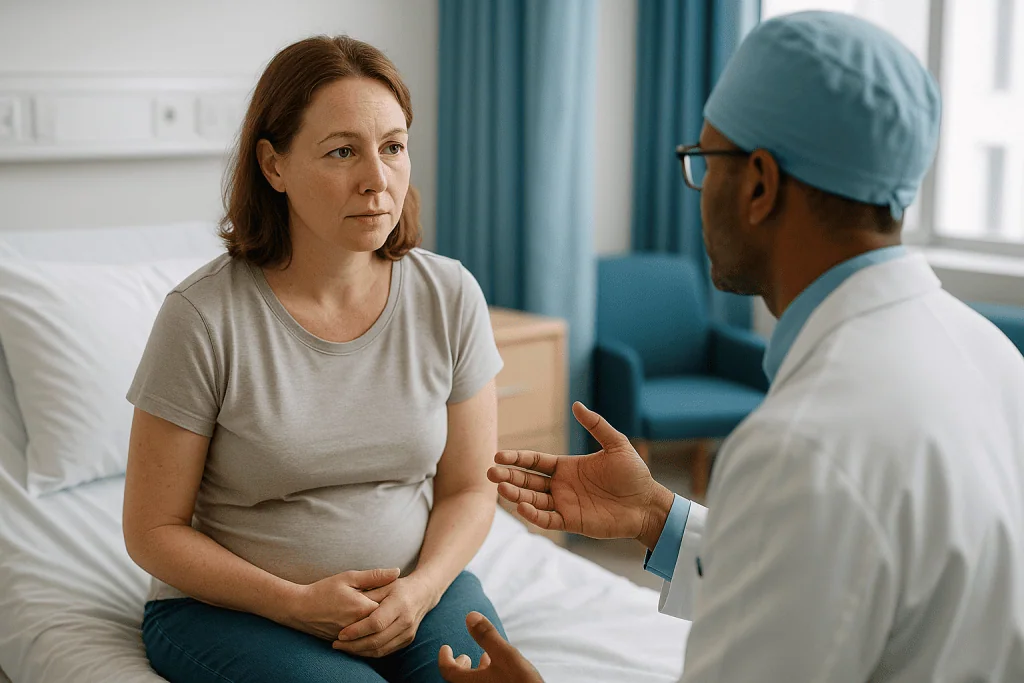 Pregnant woman in consultation with male healthcare provider — Why surgeons order the steps the way they do