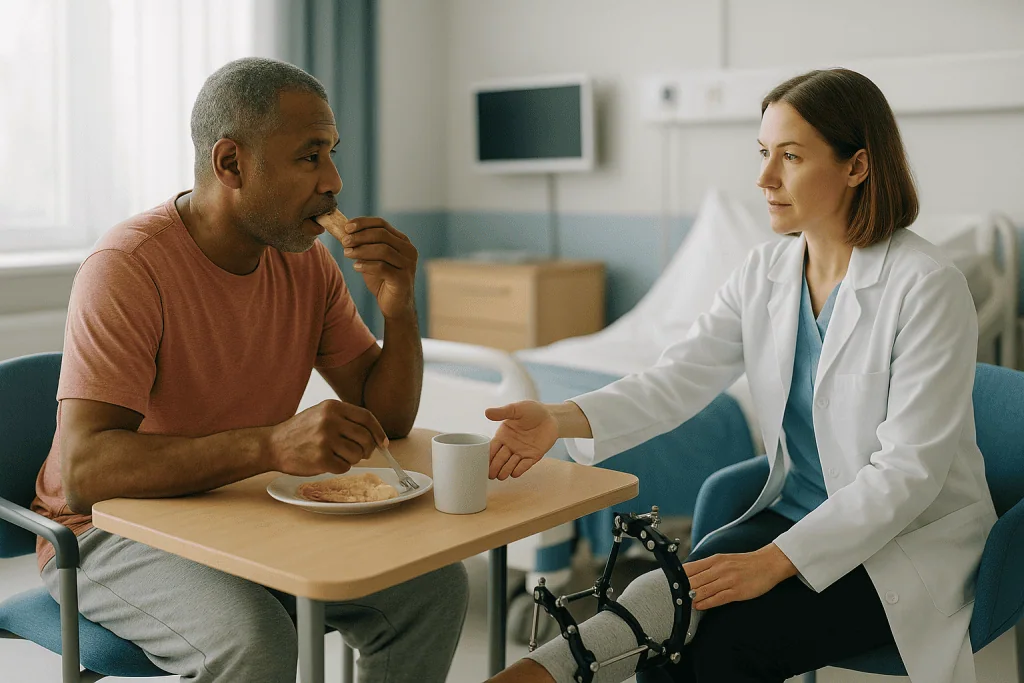 Doctor consulting patient during meal in hospital room: Why surgeons rebuild in stages instead of all at once