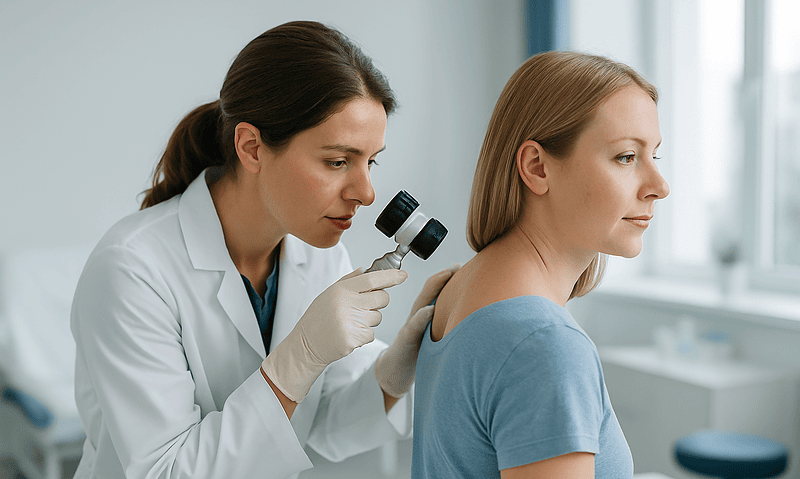 Dermatologist examining a patient's skin with a magnifying glass in a clinical setting.