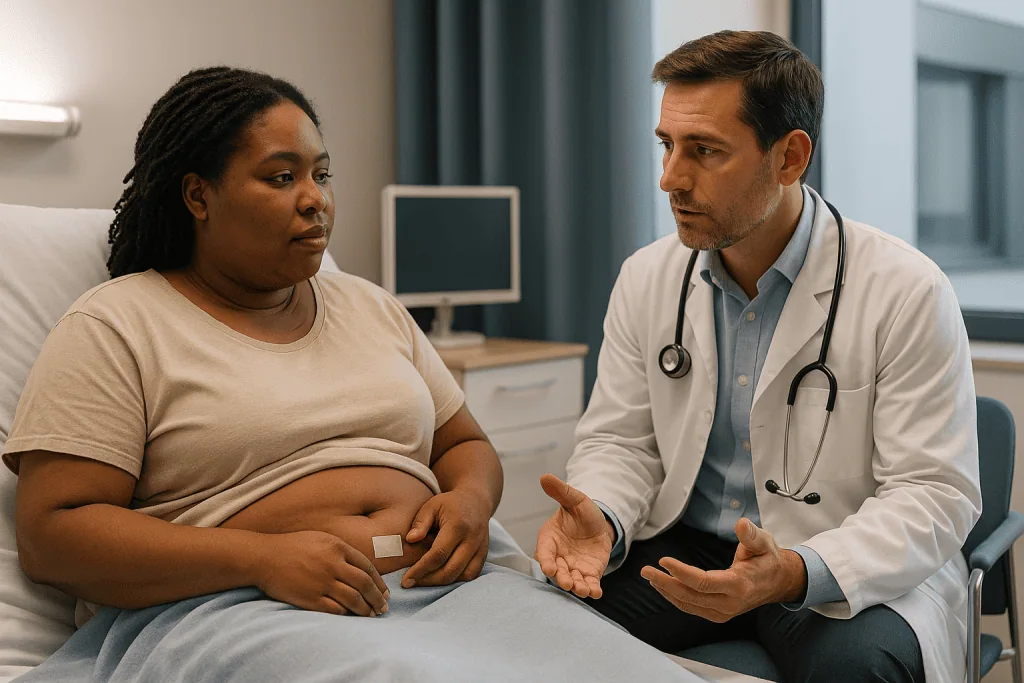 Doctor consulting pregnant patient about general health: Why surgeons split body contouring into stages: the safety mechanis