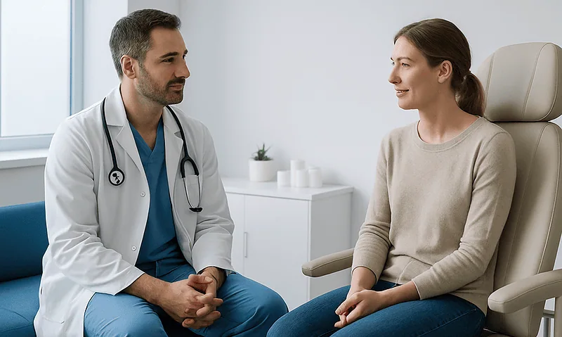 Doctor consulting with a patient in a medical office.
