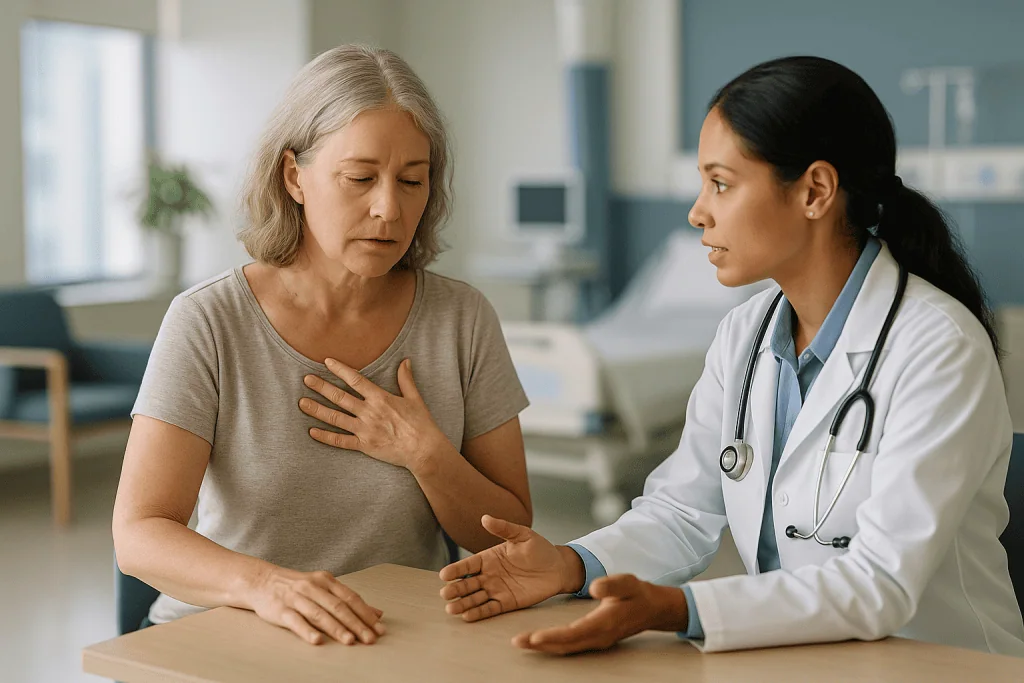 Female doctor consulting older female patient about chest symptoms: Why surgical menopause after hysterectomy often feels mo