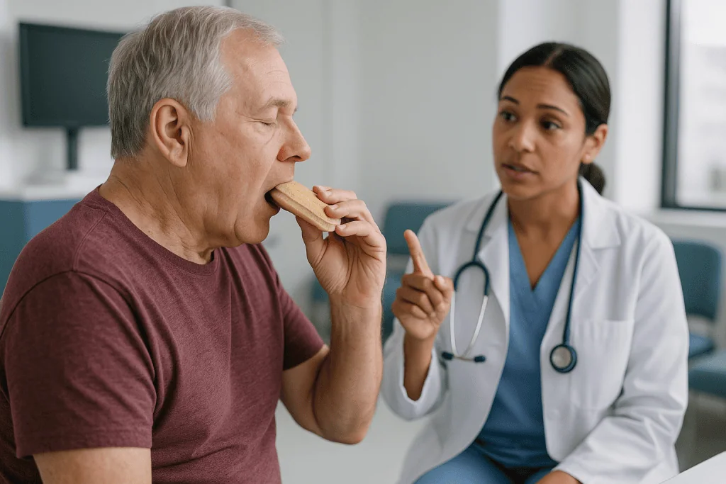 Doctor counseling older patient about eating food: Why swallowing goes wrong: the four stages the study watches