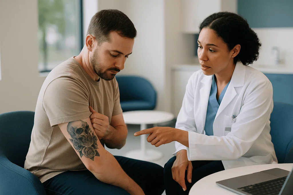 Doctor examining patient's tattooed arm in clinic: Why tattoo size decides almost everything