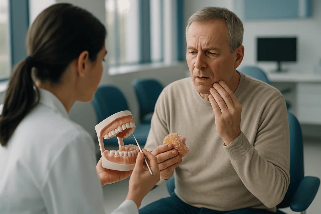 Dentist consulting patient about dental model and treatment: Why teeth become loose in the first place