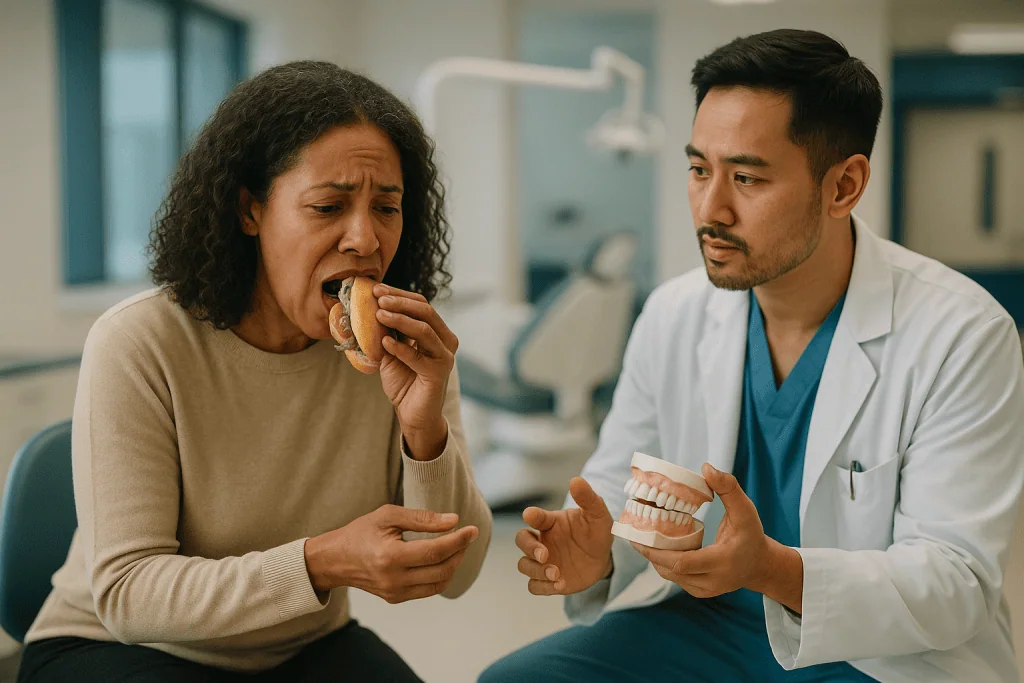 Dentist showing dental model to patient eating sandwich: Why teeth can feel loose or gappy after a deep cleaning