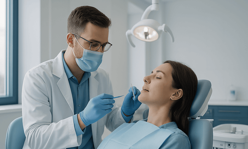 Dentist performing a dental examination on a patient in a clinic setting.