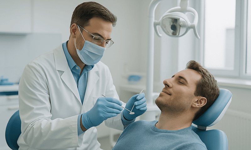 Dentist performing a dental procedure on a patient in a clinic setting.