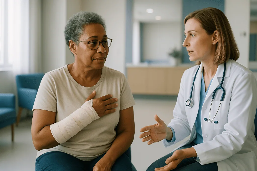 Doctor consulting patient with arm bandage in clinic: Why tendon surgery recovery time is counted in months, not weeks