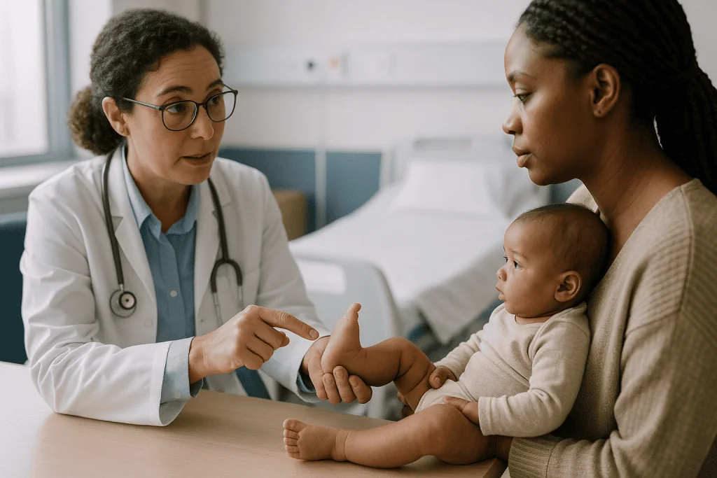 Pediatrician examining infant's foot with mother present: Why the Achilles tenotomy is part of casting, not a surgical failu