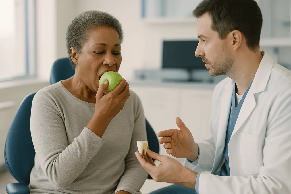 Doctor consulting patient about healthy eating with apple: Why the amount of remaining healthy tooth matters most