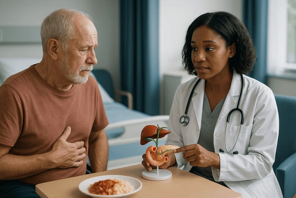 Doctor explaining pancreas model to older male patient: Why the bile duct matters, and how it gets blocked