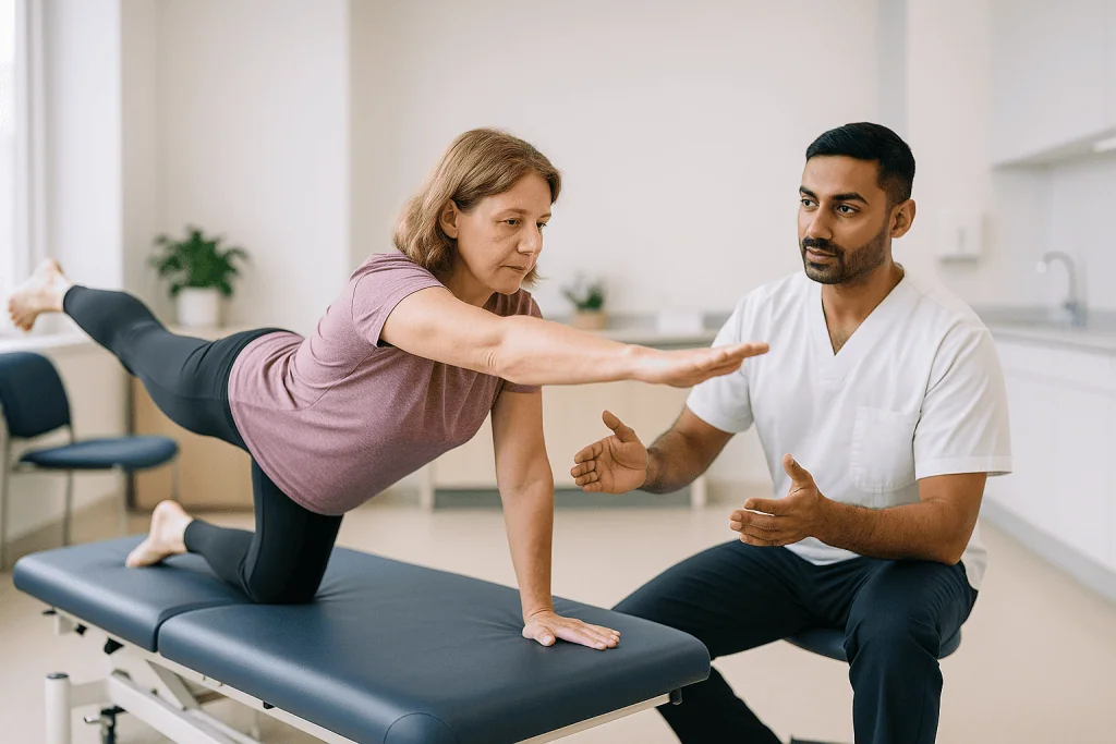 Physiotherapist instructing patient on core exercise technique: Why the bird dog exercise is the dead bug's mirror image