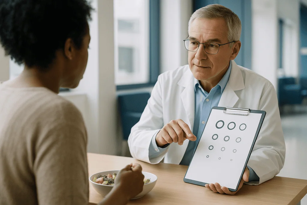 Doctor consulting patient with vision test chart: Why the blur shows up at every distance, not just far or near