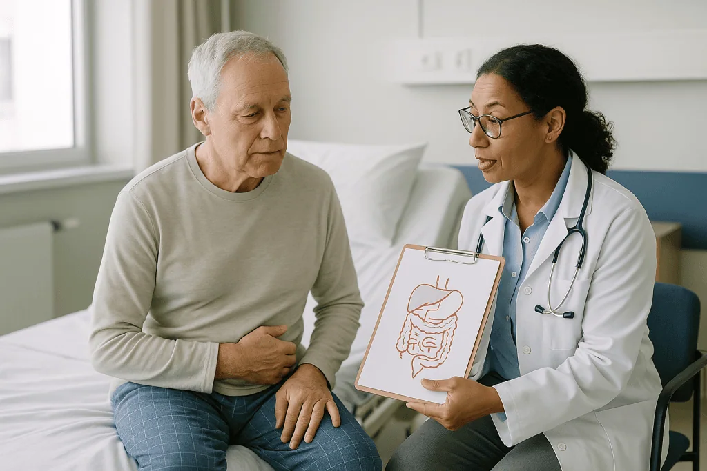 Doctor explaining digestive system diagram to elderly patient: Why the bowel goes quiet after surgery: ileus explained