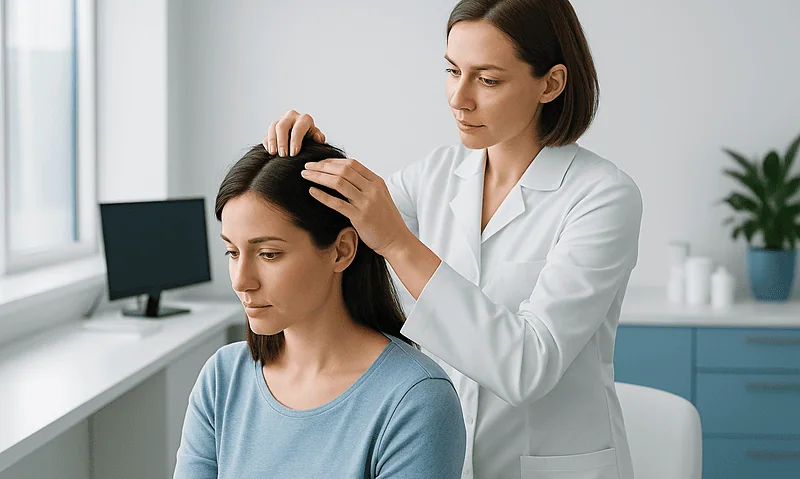 Doctor examining woman's scalp for hair loss assessment.