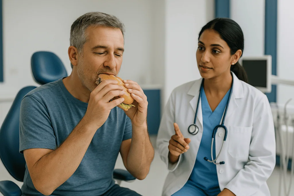 Man eating sandwich while doctor gestures, clinical office setting: Why the cleaning always comes first