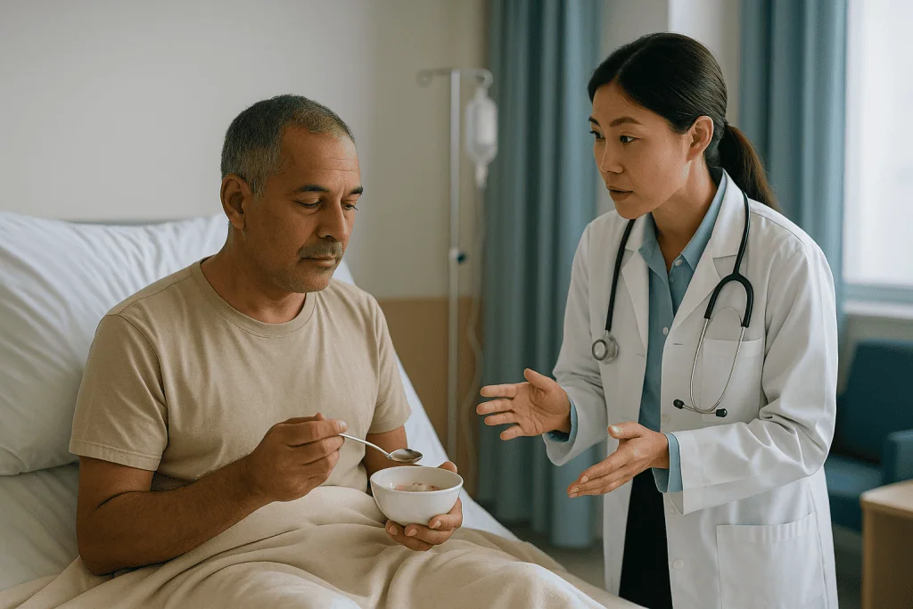 Doctor consulting patient in hospital room during meal: Why the day the fever drops is the most important day
