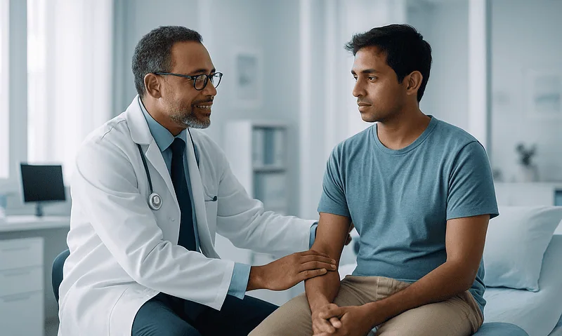 Doctor consulting with a young male patient in a modern clinic setting.