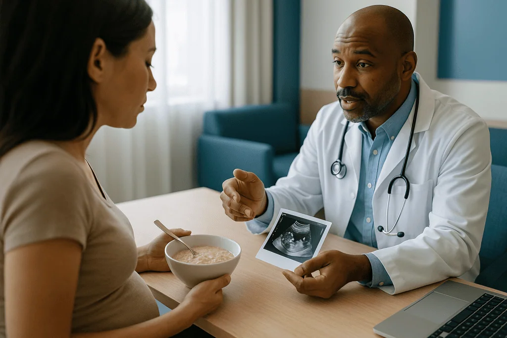 Doctor consulting pregnant patient with ultrasound image: Why the diagnosis is rechecked before any fetal surgery