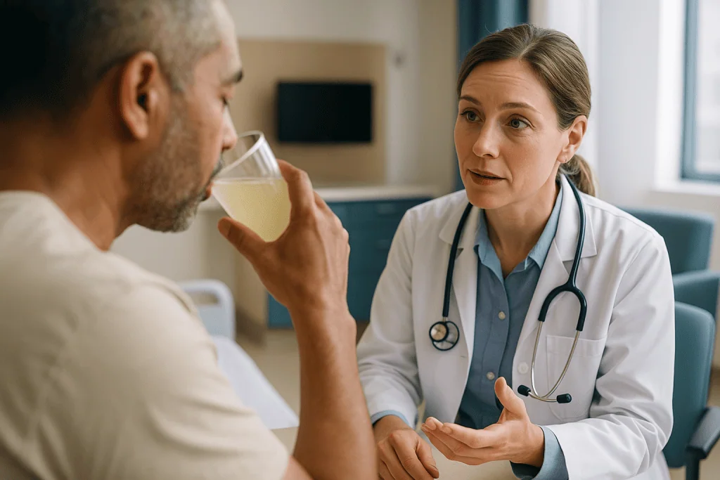 Doctor consulting patient, patient holding glass of liquid: Why the diet after hiatal hernia surgery starts with liquids