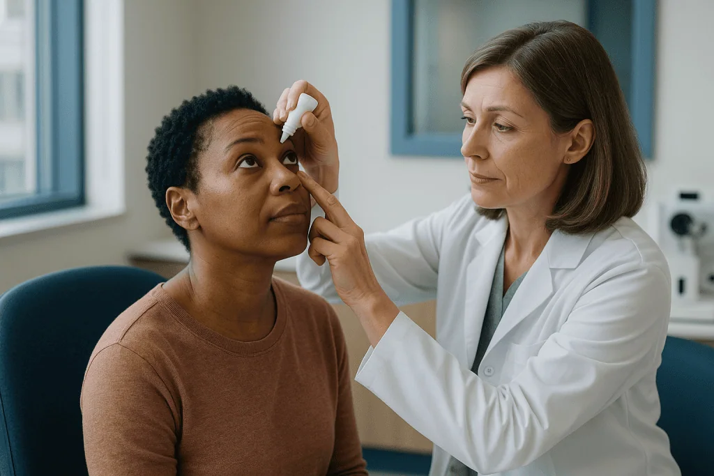 Ophthalmologist examining patient's eye with drops: Why the drops? What each one is doing to your eye