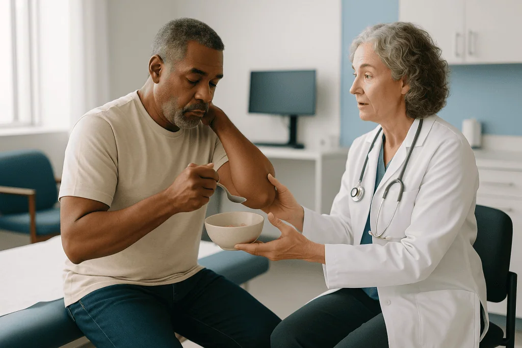 Doctor examining patient's arm in clinic consultation: Why the elbow is a harder joint to reach with a camera
