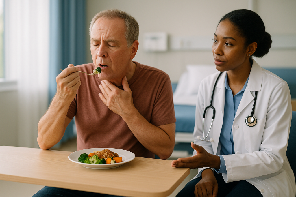 Doctor consulting patient about healthy meal nutrition: Why the esophagus makes eating hard before treatment even begins