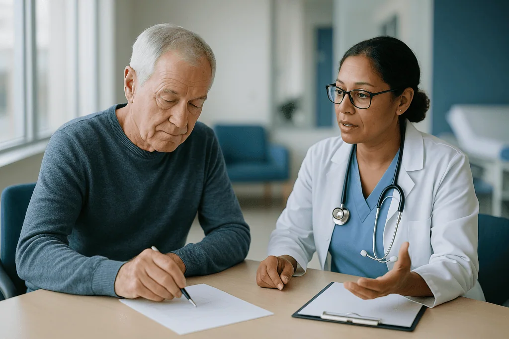 Doctor and elderly patient in consultation reviewing documents: Why the evaluation starts by re-checking the diagnosis