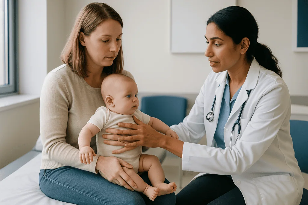 Pediatrician examining infant during clinical consultation: Why the exam looks at hips, spine and hands, not just the feet