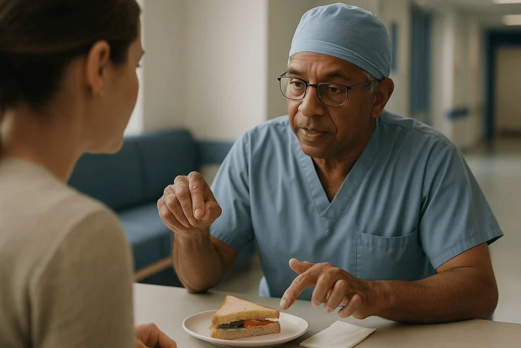 Healthcare worker discussing nutrition with patient over sandwich: Why the eye is such an unforgiving place for human hands