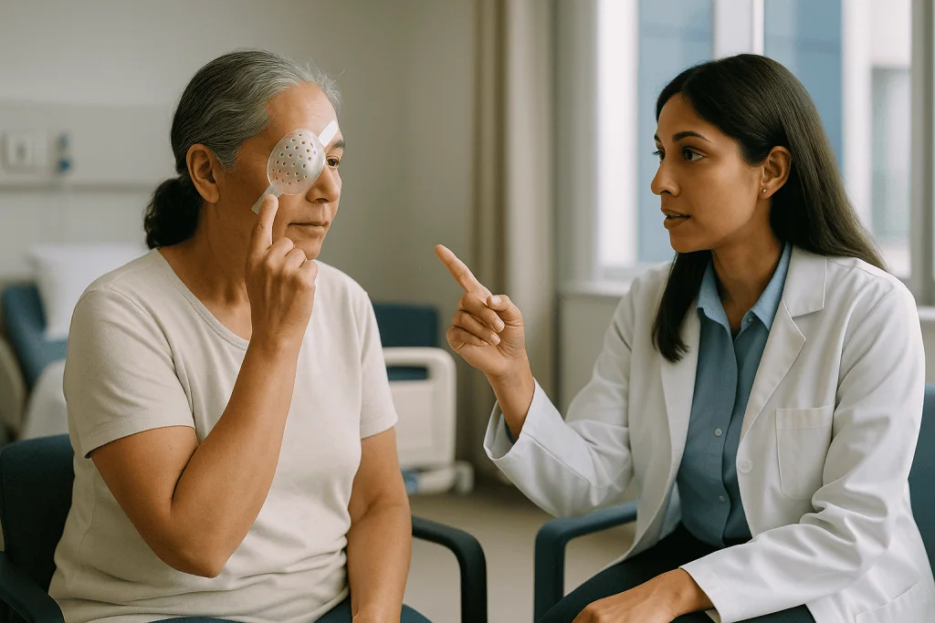 Female doctor consulting older patient about eye condition: Why the eye shield after corneal surgery matters more than it lo