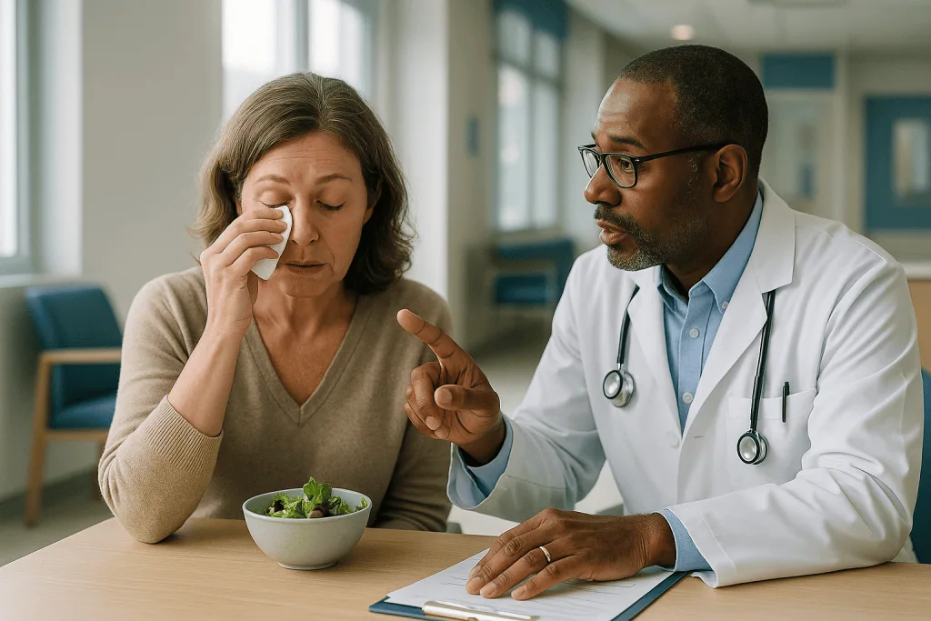 Doctor consulting patient about salad bowl nutrition — Why the eye waters when the problem is drainage, not tear production