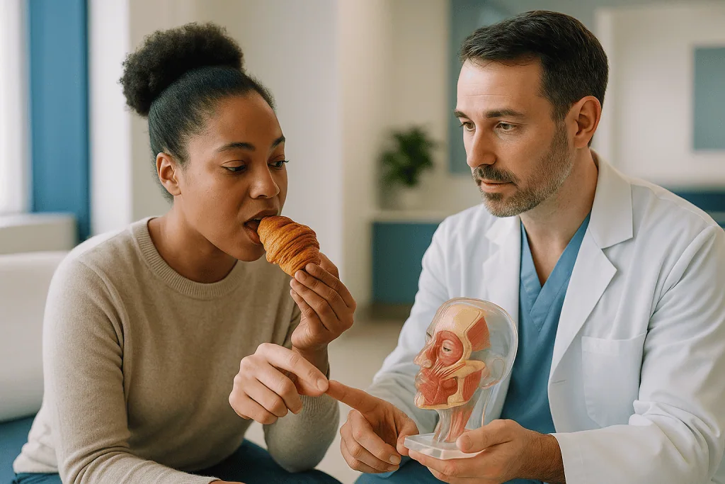 Doctor showing anatomical model to patient eating croissant: Why the face is planned in layers, not lines