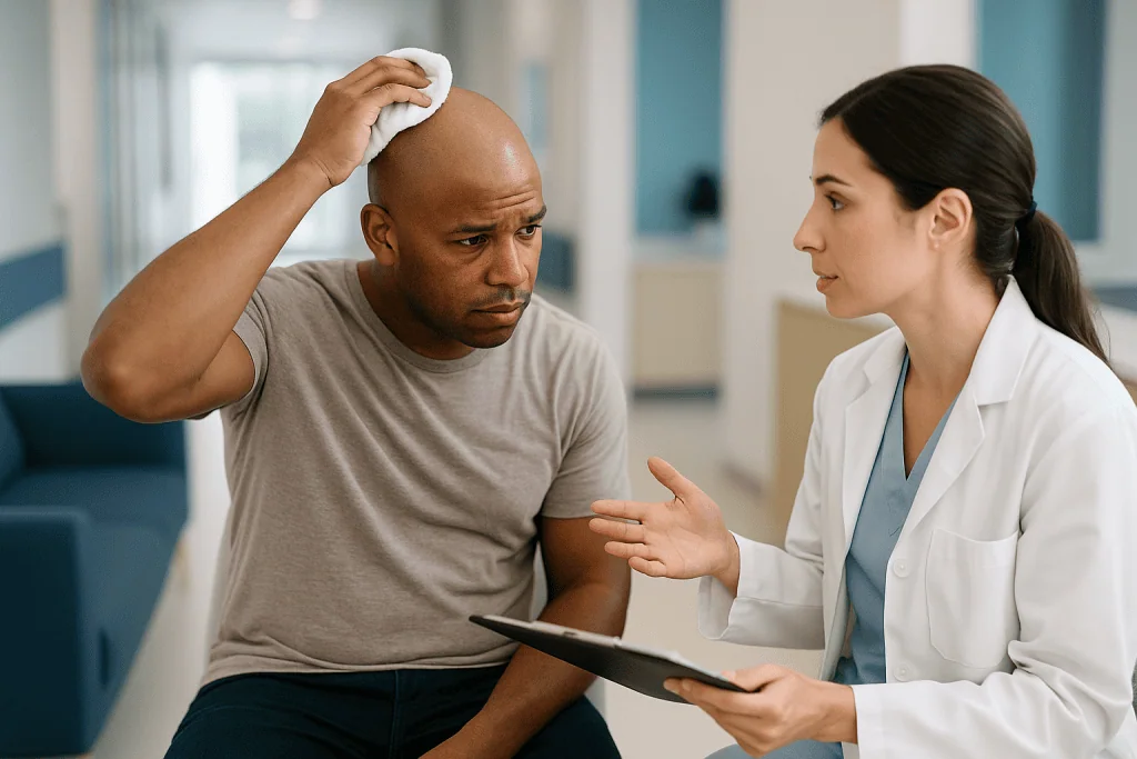 Doctor consulting patient about general health concern: Why the first days matter most in scalp micropigmentation aftercare