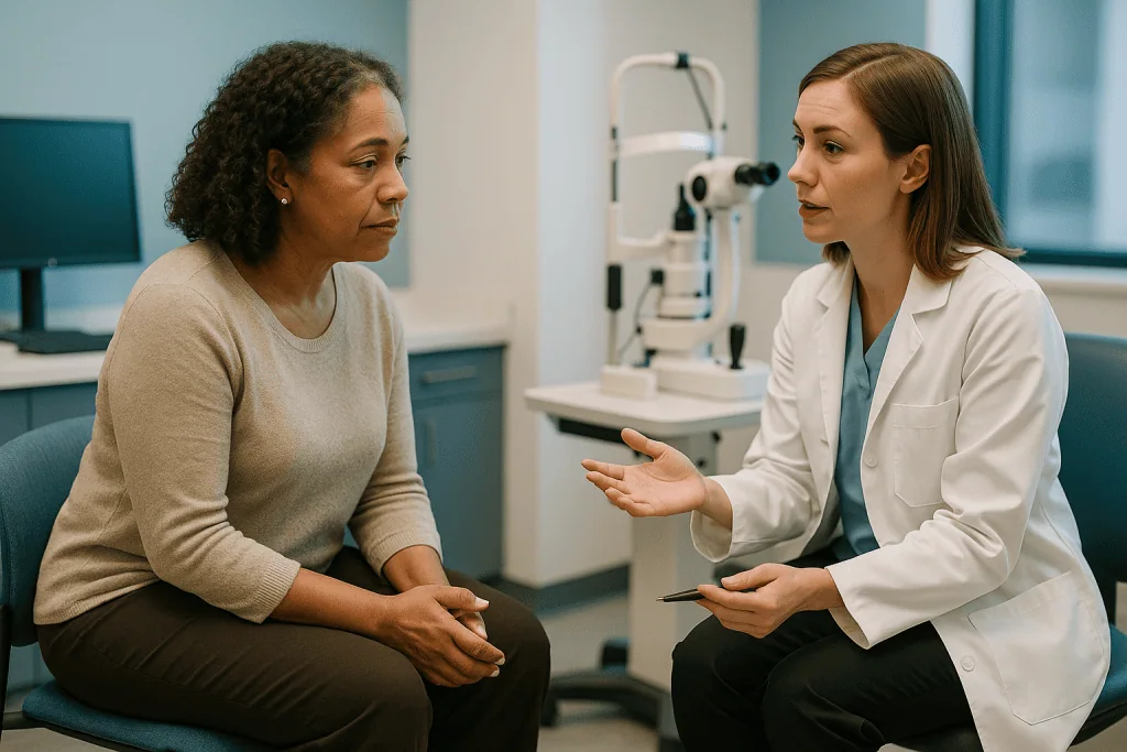 Eye doctor consulting patient in clinical examination room: Why the first ten minutes are questions, not tests