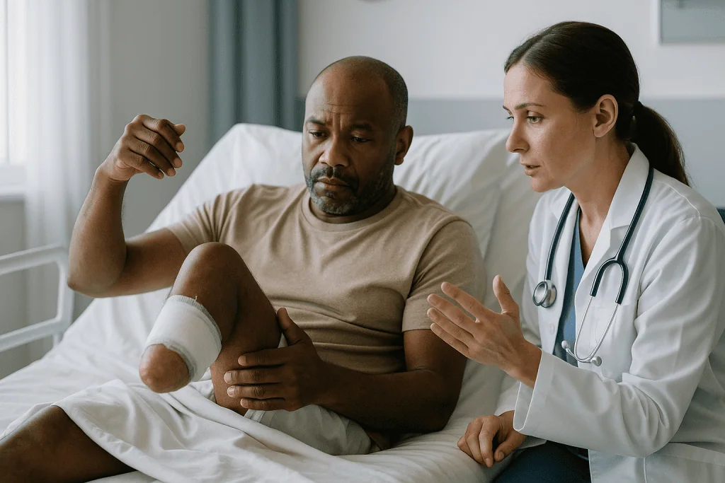 Doctor examining patient's bandaged leg injury: Why the first week is about pain, positioning and preventing complications