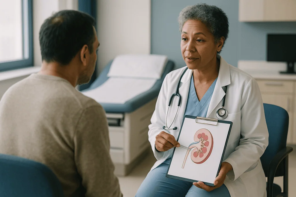 Doctor consulting patient about kidney anatomy diagram: Why the four types of renal tubular acidosis are grouped by where th