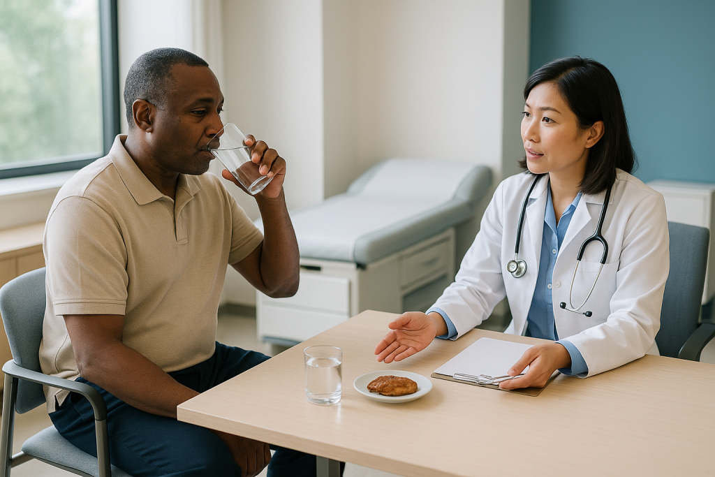 Doctor consulting adult patient in clinical setting: Why the gout diet alcohol water question matters more than the food lis