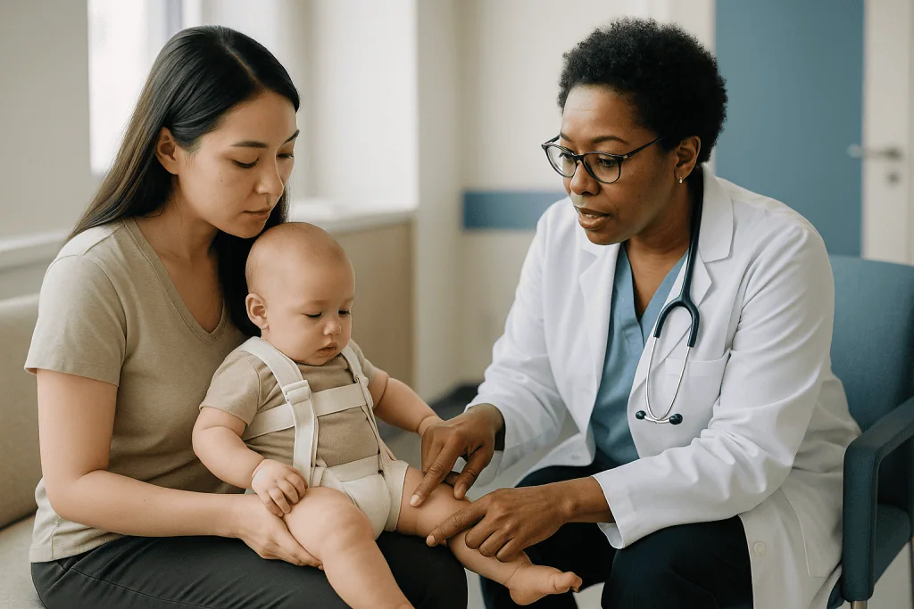 Pediatrician examining infant's leg during clinical visit: Why the groin, thigh and knee folds break down first