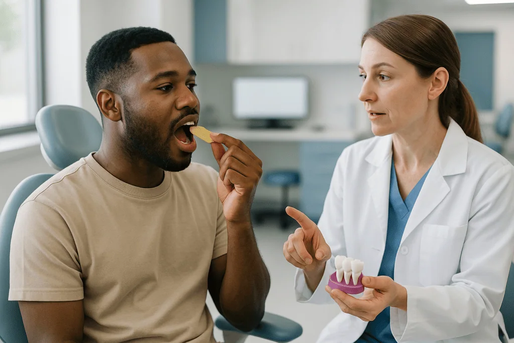 Dentist showing teeth model to patient eating cracker: Why the grooves of back teeth decay first