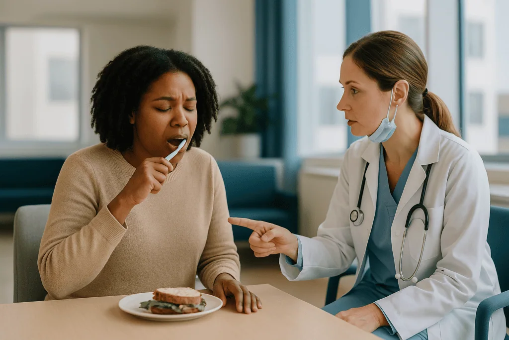 Doctor consulting patient about food and nutrition: Why the gumline is the dividing line: how gum pockets form