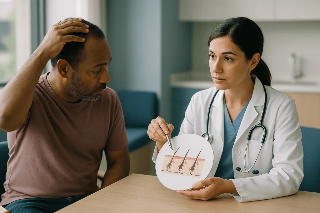 Doctor explaining laser skin treatment to male patient: Why the hair growth cycle explains the timing of both treatments